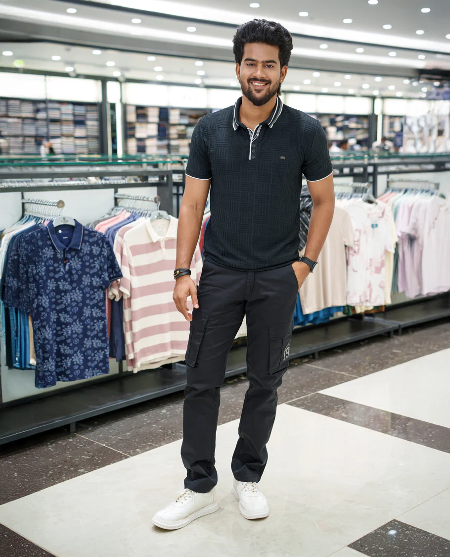 Black Strip-Textured Cotton-Blended T-Shirt Comes with Half-Sleeves, Polo Collar, a Slim Fit, and Regular Length - Image 2