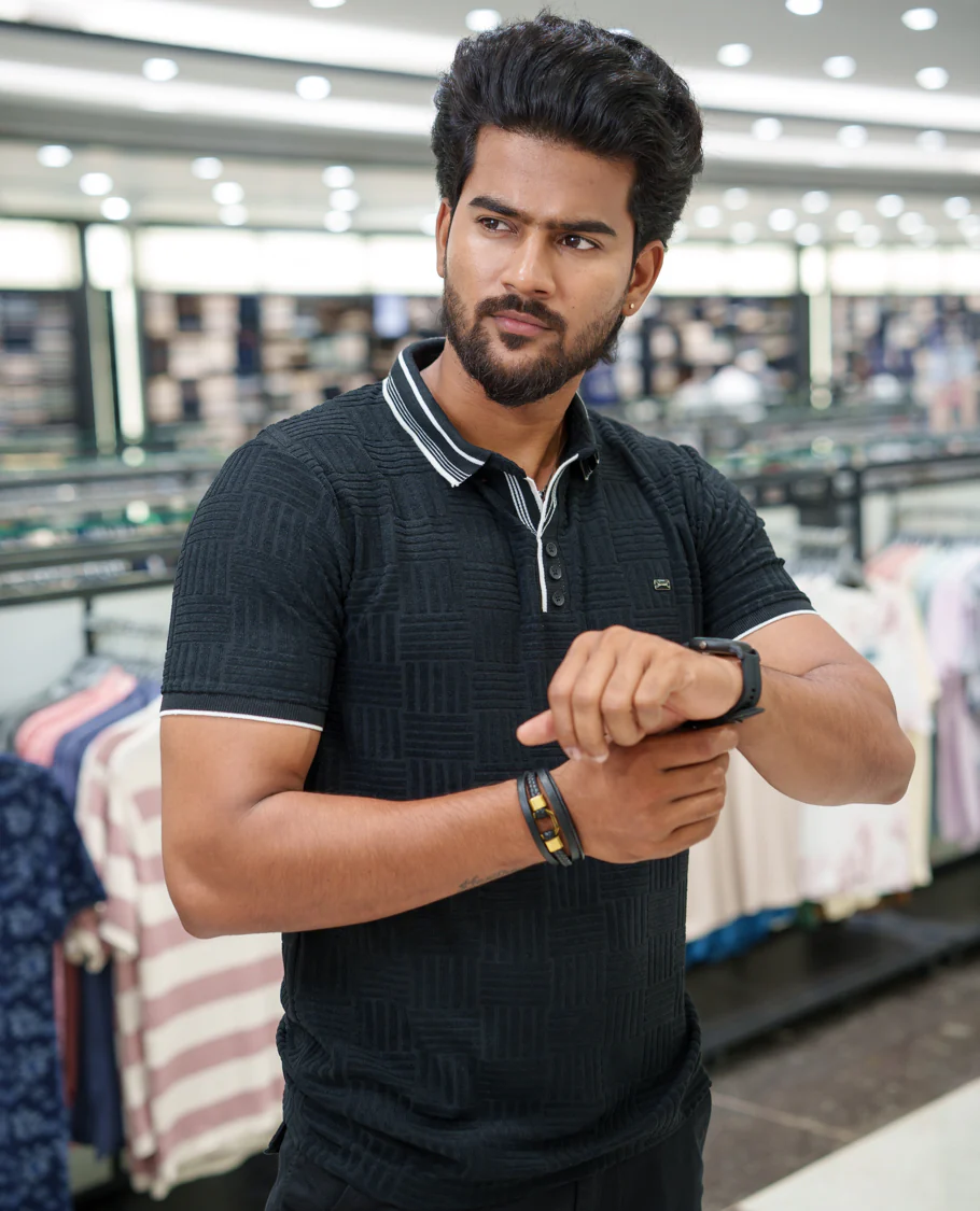 Black Strip-Textured Cotton-Blended T-Shirt Comes with Half-Sleeves, Polo Collar, a Slim Fit, and Regular Length - Image 4