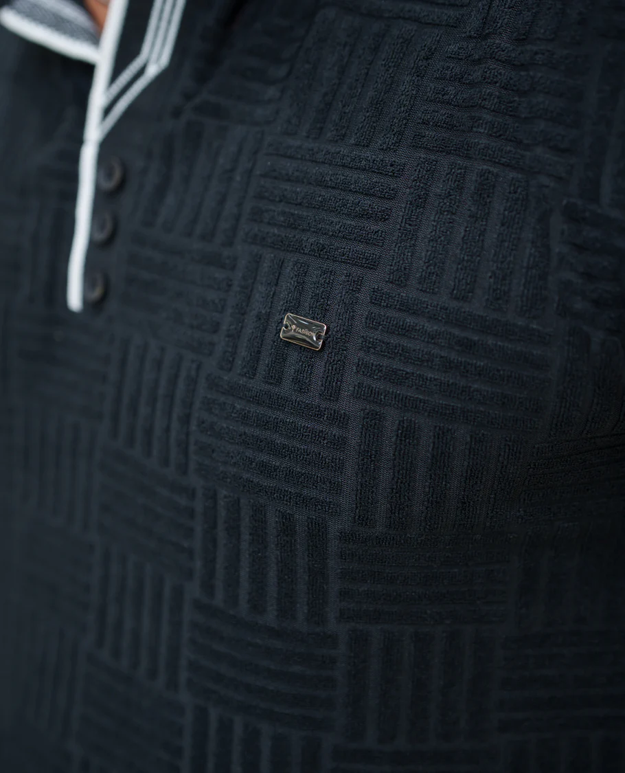Black Strip-Textured Cotton-Blended T-Shirt Comes with Half-Sleeves, Polo Collar, a Slim Fit, and Regular Length - Image 6