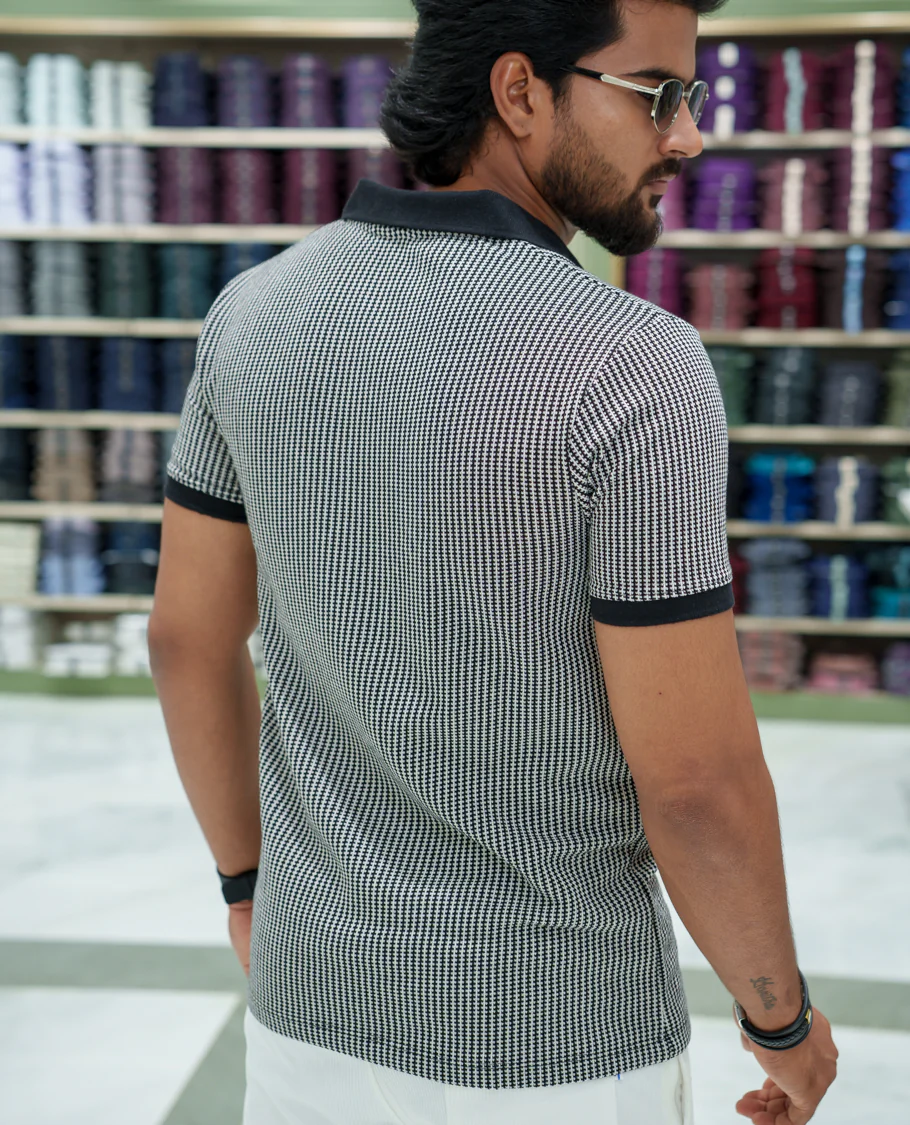 Black Striped Cotton-Blended T-Shirt Comes with Half-Sleeves, a Polo Collar, a Slim Fit, and Regular Length - Image 5