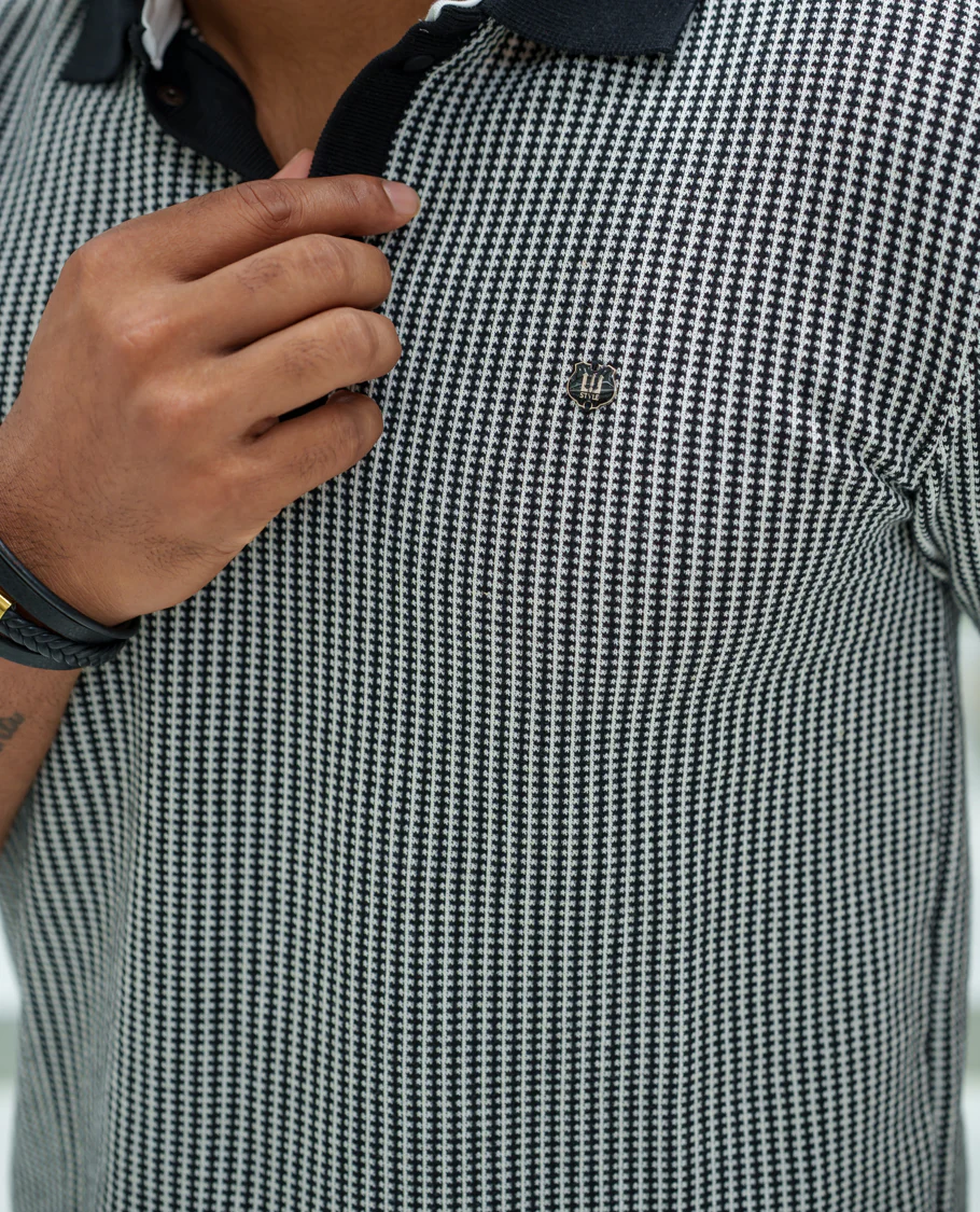 Black Striped Cotton-Blended T-Shirt Comes with Half-Sleeves, a Polo Collar, a Slim Fit, and Regular Length - Image 6