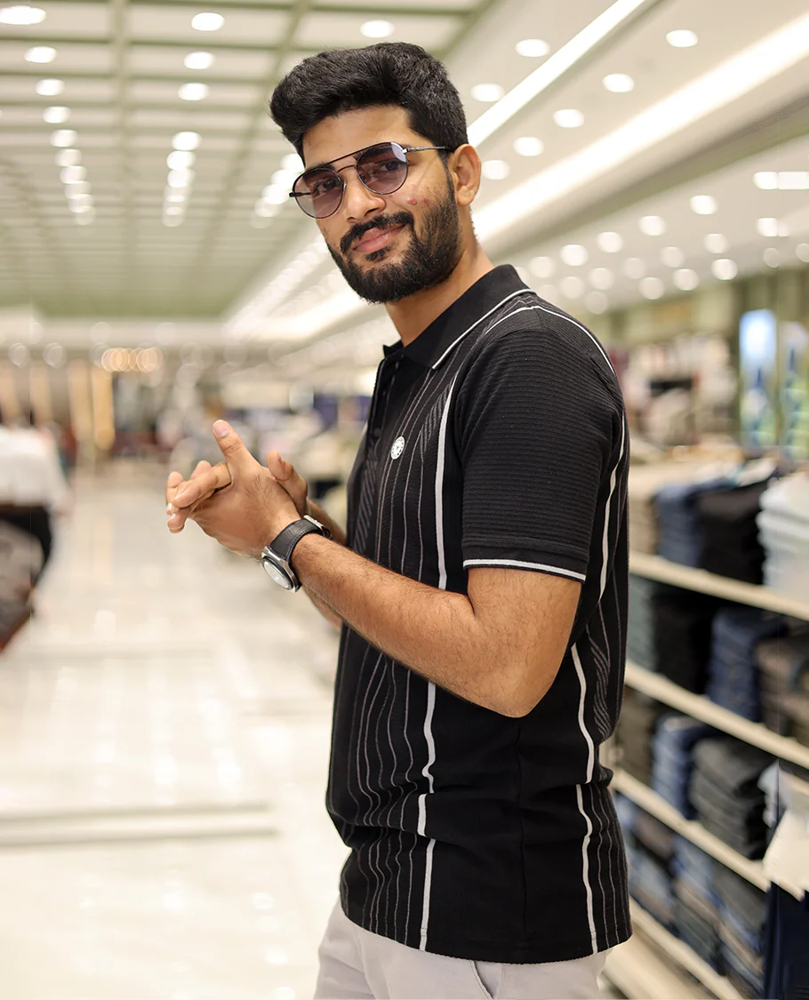 Black Striped Cotton-Blended T-Shirt Comes with Half-Sleeves, a Polo Neck, a Slim Fit, and Regular Length - Image 3