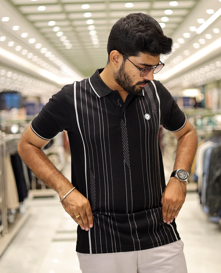 Black Striped Cotton-Blended T-Shirt Comes with Half-Sleeves, a Polo Neck, a Slim Fit, and Regular Length - Image 4
