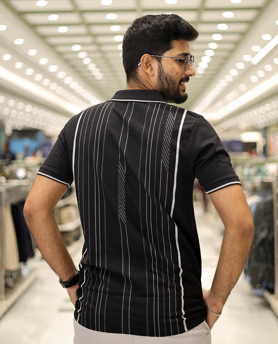 Black Striped Cotton-Blended T-Shirt Comes with Half-Sleeves, a Polo Neck, a Slim Fit, and Regular Length - Image 5