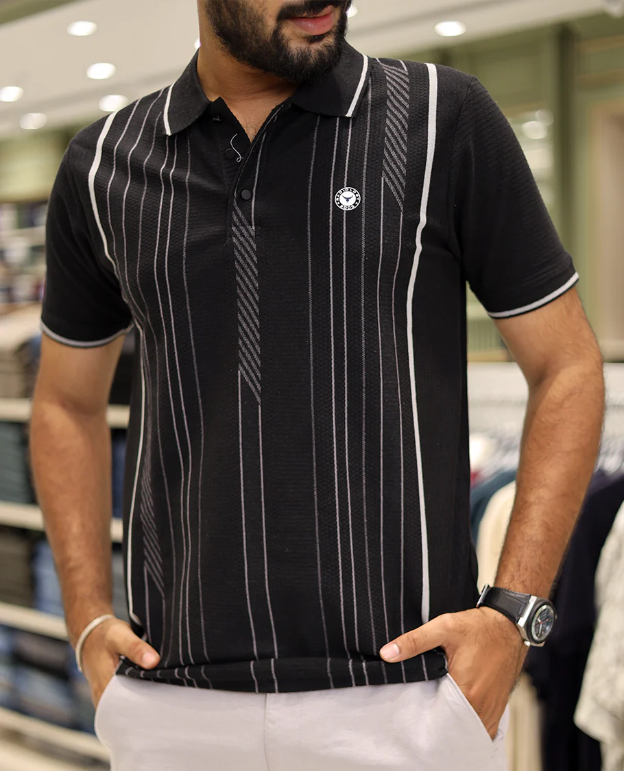 Black Striped Cotton-Blended T-Shirt Comes with Half-Sleeves, a Polo Neck, a Slim Fit, and Regular Length - Image 6