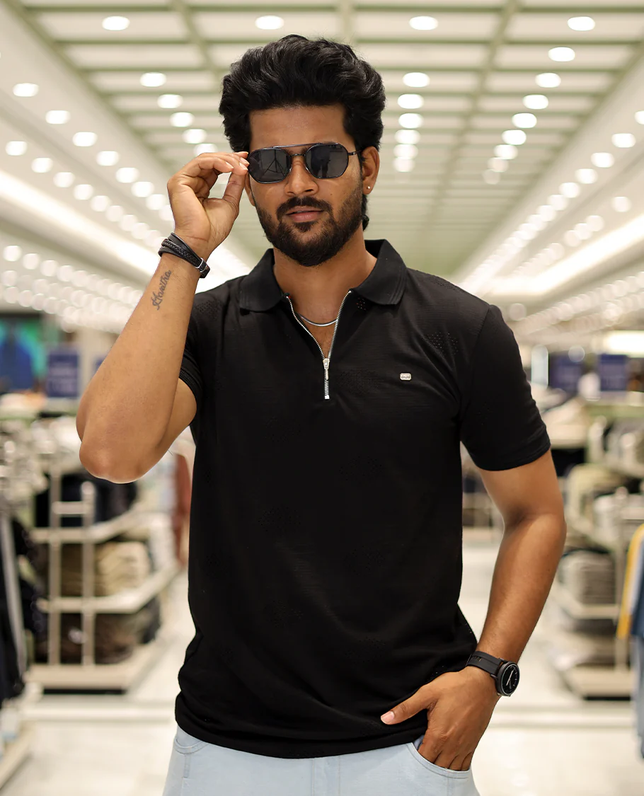 Black Textured Cotton-Blended Laser-Cut T-Shirt Comes with Half-Sleeves, a Polo Neck, a Slim Fit, and Regular Length