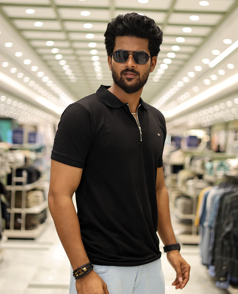 Black Textured Cotton-Blended Laser-Cut T-Shirt Comes with Half-Sleeves, a Polo Neck, a Slim Fit, and Regular Length - Image 4