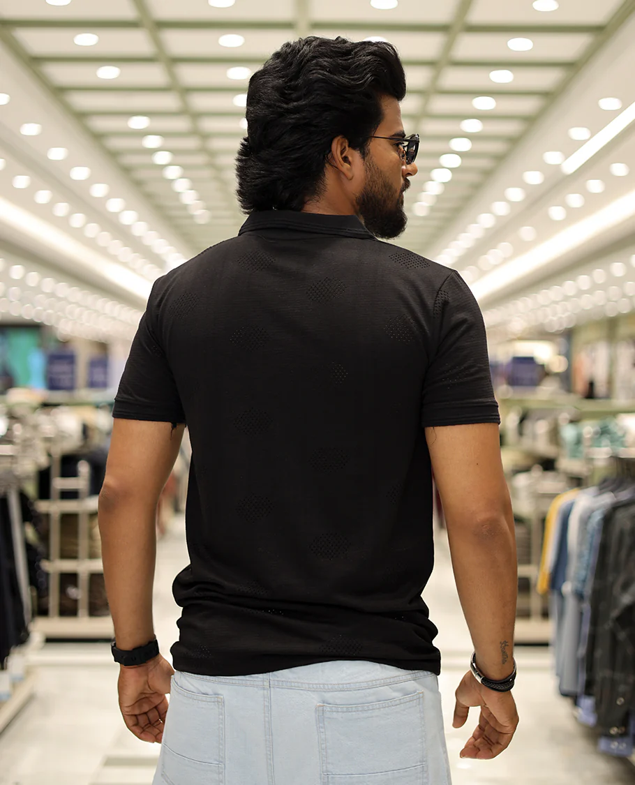 Black Textured Cotton-Blended Laser-Cut T-Shirt Comes with Half-Sleeves, a Polo Neck, a Slim Fit, and Regular Length - Image 5
