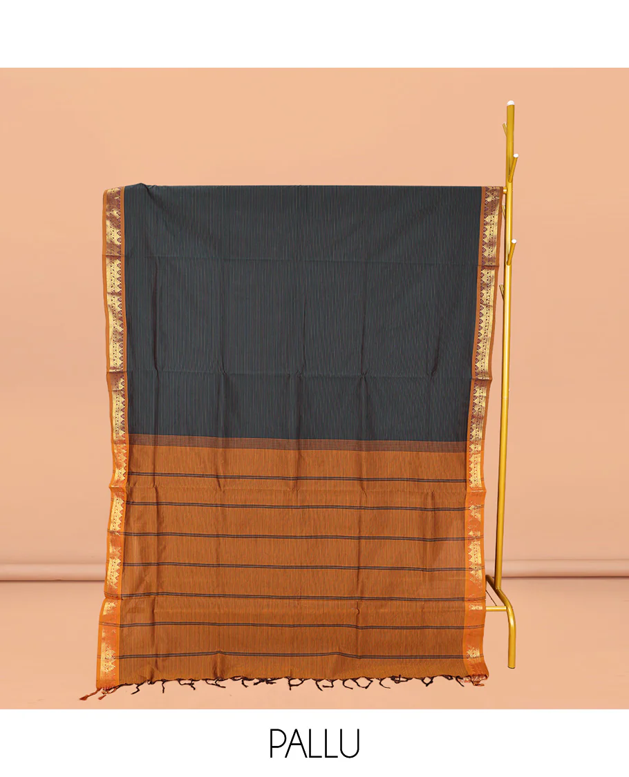 Black Textured Poly Cotton Saree, Complemented by Contrast Traditional Zari Design Border, Pallu of Stripes, and Paired with a Contrast Blouse - Image 2