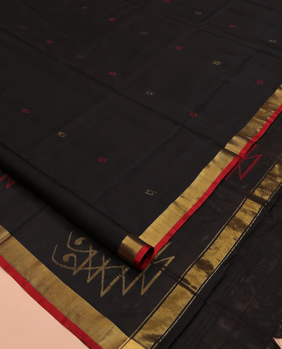 Black Uppada Silk Saree, Adorned with Buttas All Over Its Body, Complemented by a Contrast Bavanji Border, Pallu of Unique Designs, and Paired with a Matching Blouse - Image 2