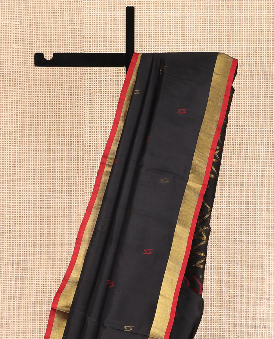 Black Uppada Silk Saree, Adorned with Buttas All Over Its Body, Complemented by a Contrast Bavanji Border, Pallu of Unique Designs, and Paired with a Matching Blouse - Image 3