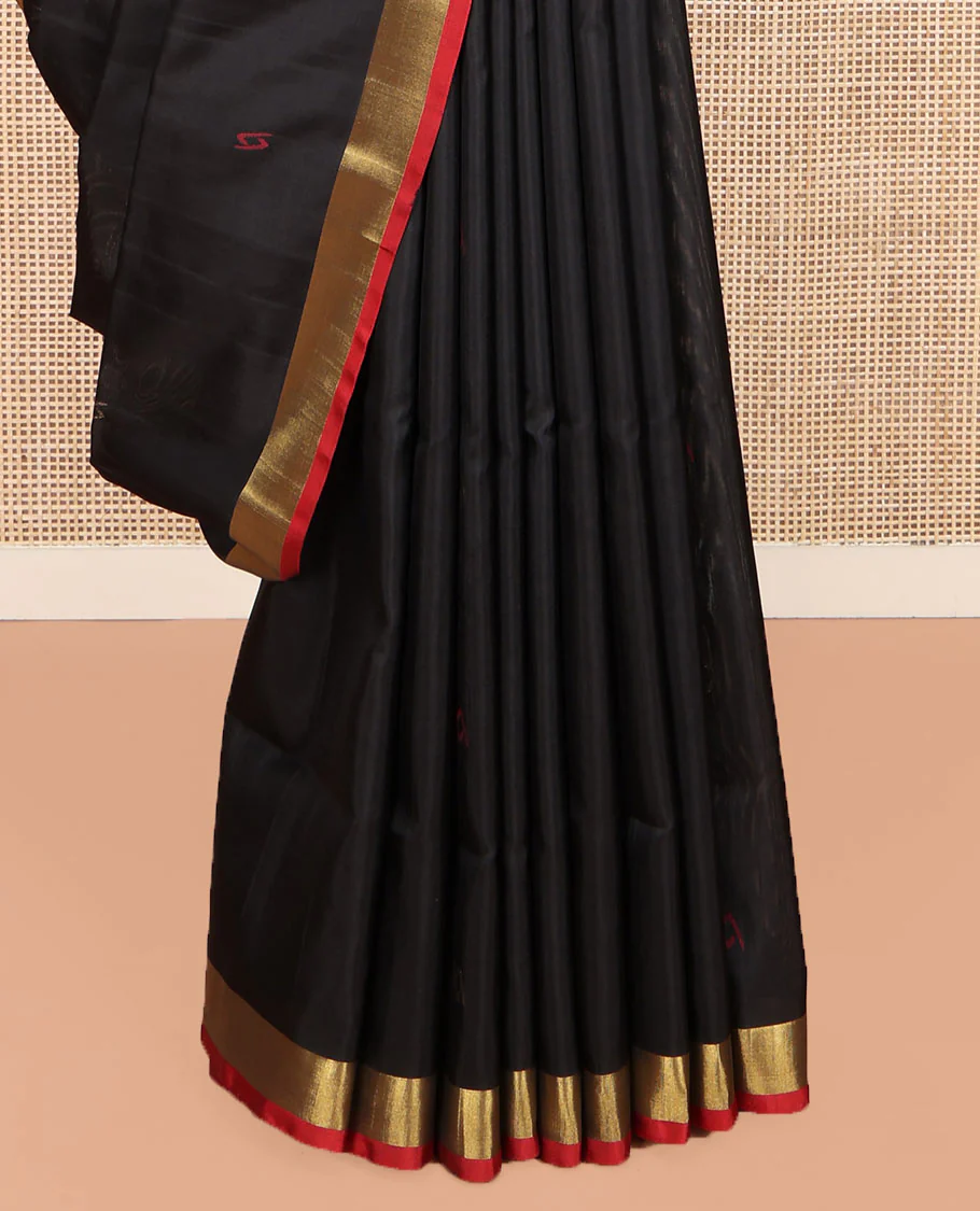 Black Uppada Silk Saree, Adorned with Buttas All Over Its Body, Complemented by a Contrast Bavanji Border, Pallu of Unique Designs, and Paired with a Matching Blouse - Image 4