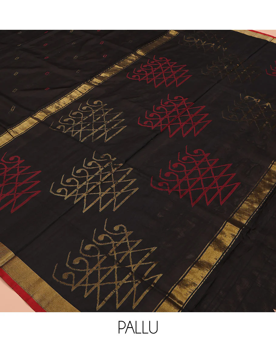 Black Uppada Silk Saree, Adorned with Buttas All Over Its Body, Complemented by a Contrast Bavanji Border, Pallu of Unique Designs, and Paired with a Matching Blouse - Image 5