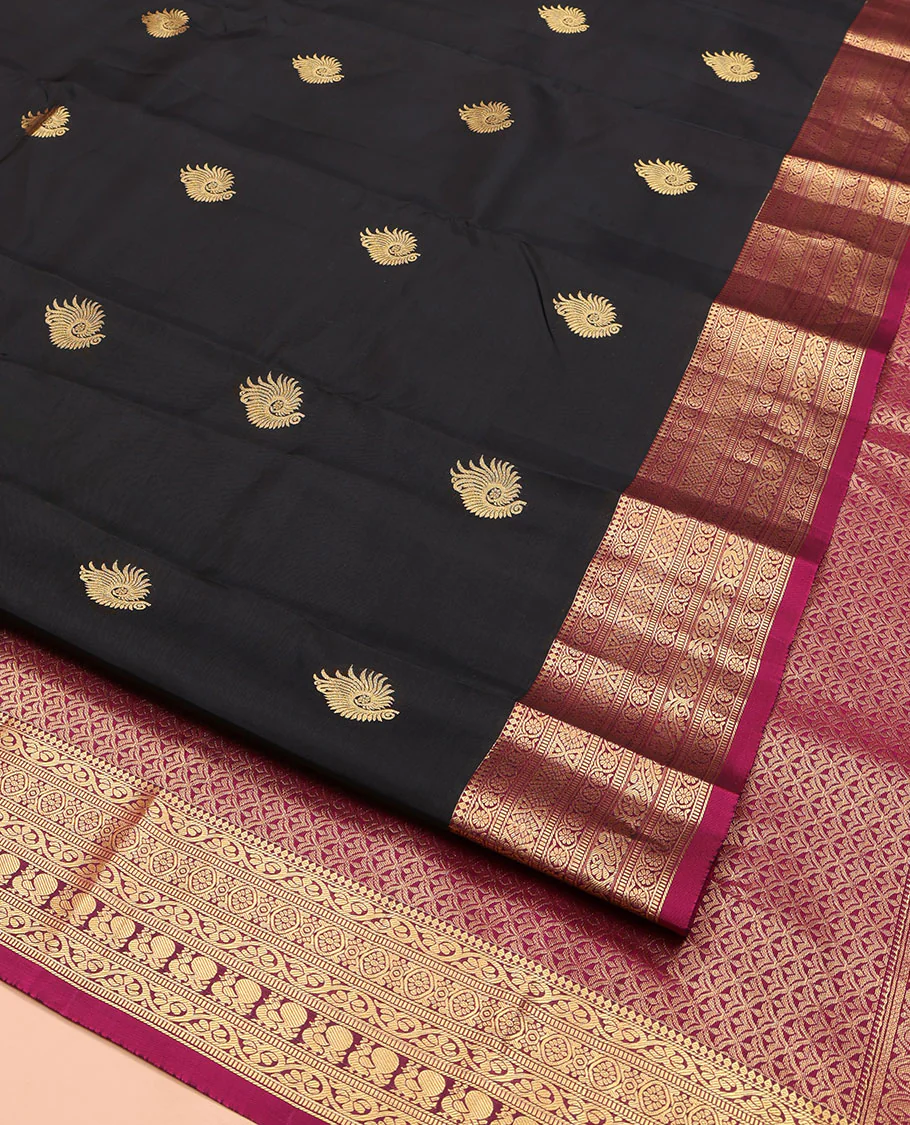 Black Vasundhara Lite Silk Mix Saree, Embellished with Zari Buttas on Its Body, Complemented by a Contrast Border of Thilakam Mokku,kodi Visiry, Muthu, Chakra, and Mayil Designs, Scallop Design Pallu, and Paired with a Contrast Blouse - Image 2