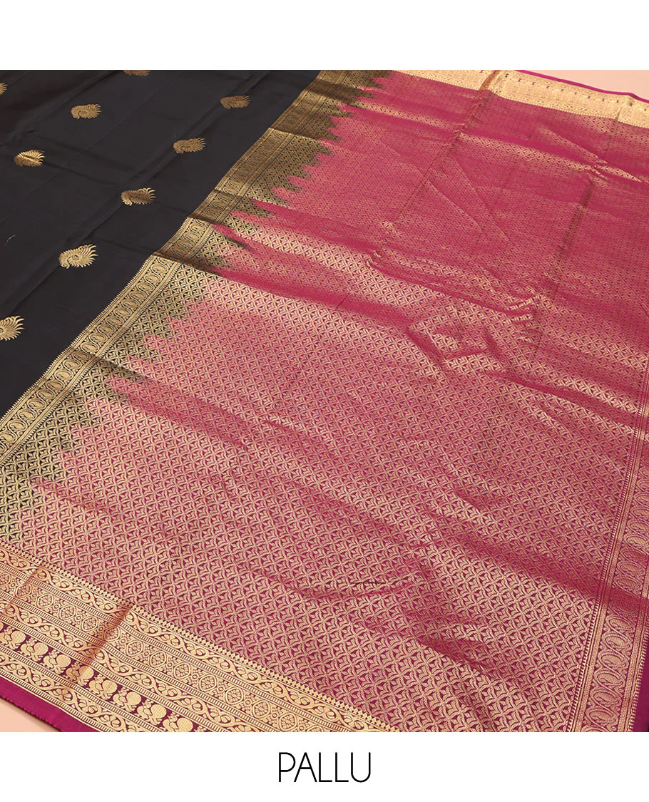 Black Vasundhara Lite Silk Mix Saree, Embellished with Zari Buttas on Its Body, Complemented by a Contrast Border of Thilakam Mokku,kodi Visiry, Muthu, Chakra, and Mayil Designs, Scallop Design Pallu, and Paired with a Contrast Blouse - Image 5