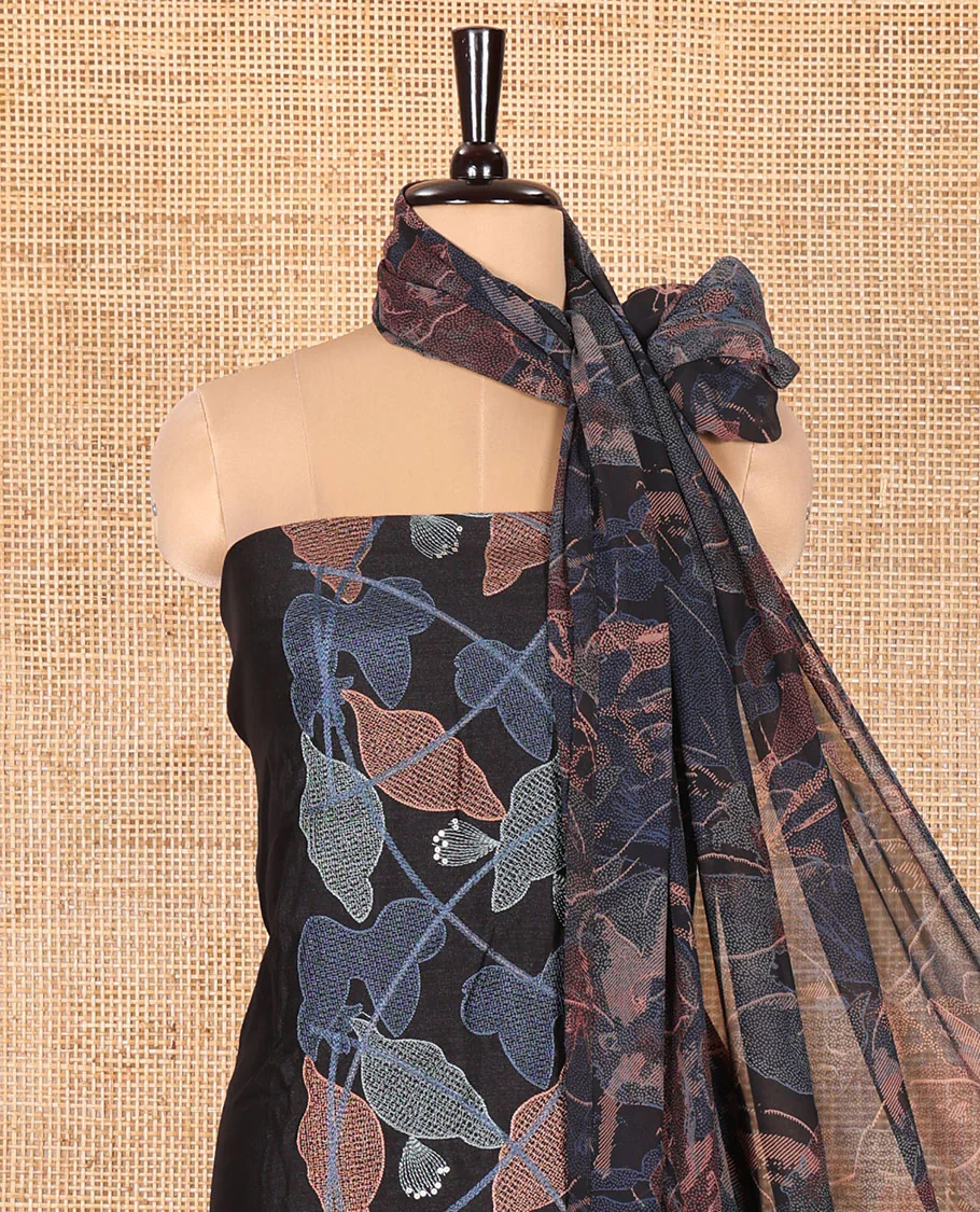 Black Vichitra Silk Designer Material Chudidar Set, Elegantly Embellished with Floral Cross-Stiched Embroidered Top, A Subtly Plain Santoon Bottom, and Paired with a Georgette Abstract Printed Dupatta - Image 3