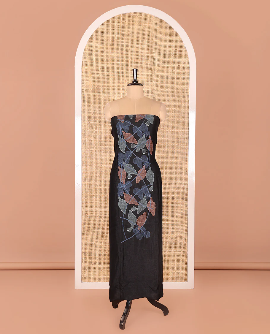 Black Vichitra Silk Designer Material Chudidar Set, Elegantly Embellished with Floral Cross-Stiched Embroidered Top, A Subtly Plain Santoon Bottom, and Paired with a Georgette Abstract Printed Dupatta - Image 4