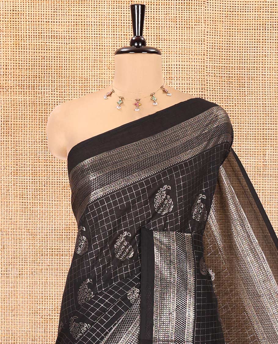 Black Vichitra Silk Saree Features Checks and Paisley Buttas, Highlighted by a Traditional Zari Border and Contrast Embroidered Blouse - Image 2