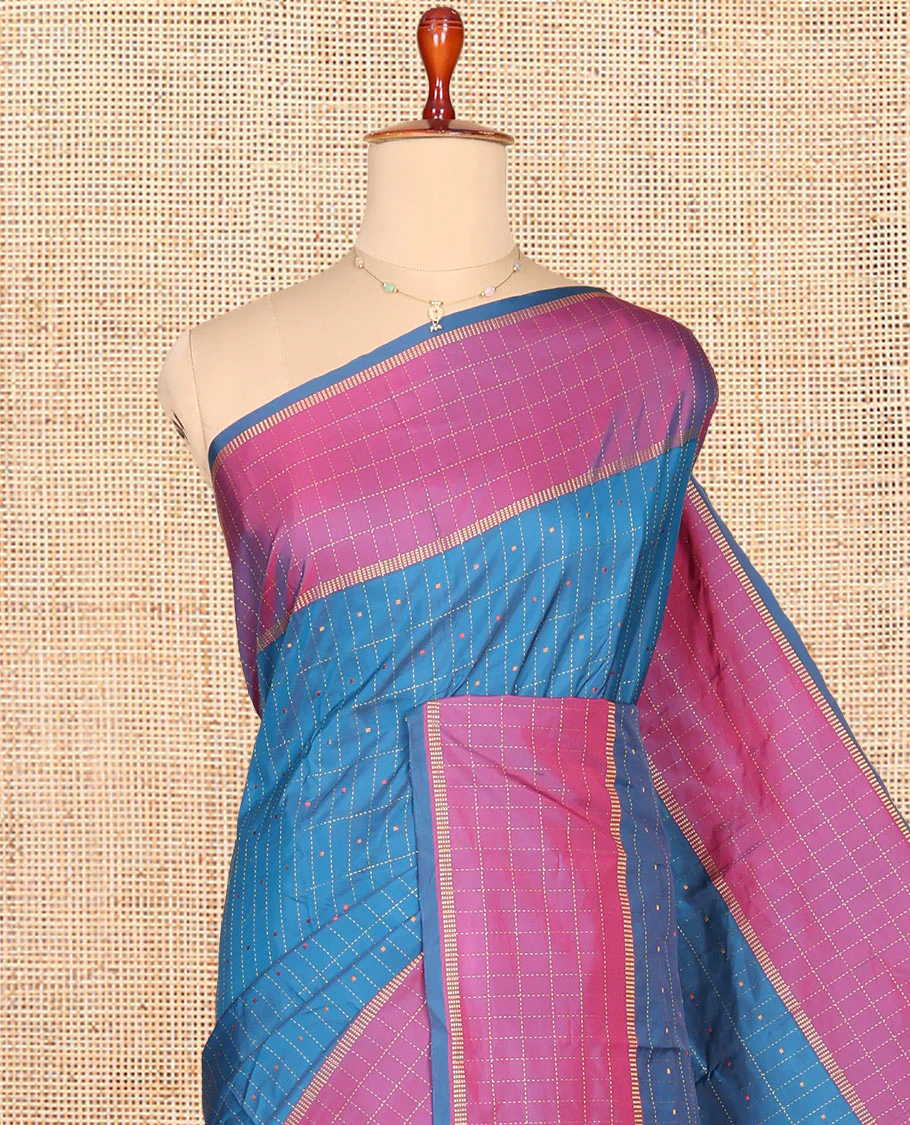 Blue Aarani Gift Saree, Decked up with Butta Enclosed Checked Designs on Its Body, Complemented by a Contrast-Checked Design Border, Zari-Striped Pallu, and Paired with a Contrast Blouse - Image 2