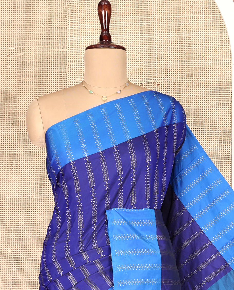 Blue Aarani Gift Saree, Elevated with Zari Stripes on Its Body, Complemented by a Contrast Border, a Pallu of Stripes, and Paired with a Contrast Blouse - Image 2