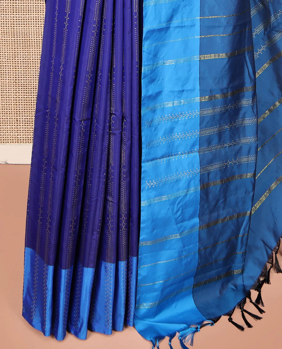 Blue Aarani Gift Saree, Elevated with Zari Stripes on Its Body, Complemented by a Contrast Border, a Pallu of Stripes, and Paired with a Contrast Blouse - Image 3