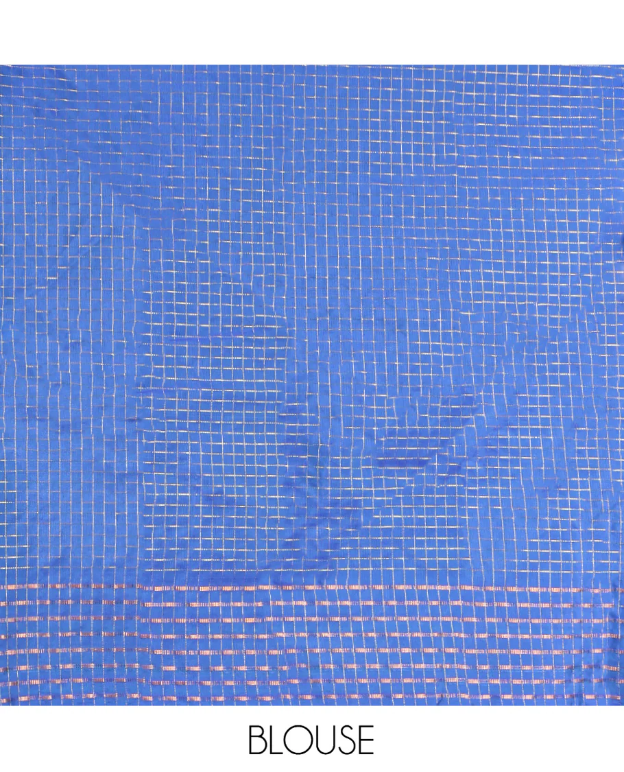 Blue Aarani Gift Saree, Highlighted by a Geometric Checked Design, Self-Border, Pallu of Stripes, and Paired with a Matching Blouse - Image 3