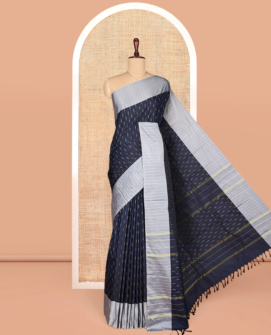 Blue Aarani Gift Saree, Woven with Zari Buttas on Its Body, Complemented by a Contrast Zig-Zag Striped Border, Subtle Striped Pallu, and Paired with a Matching Blouse