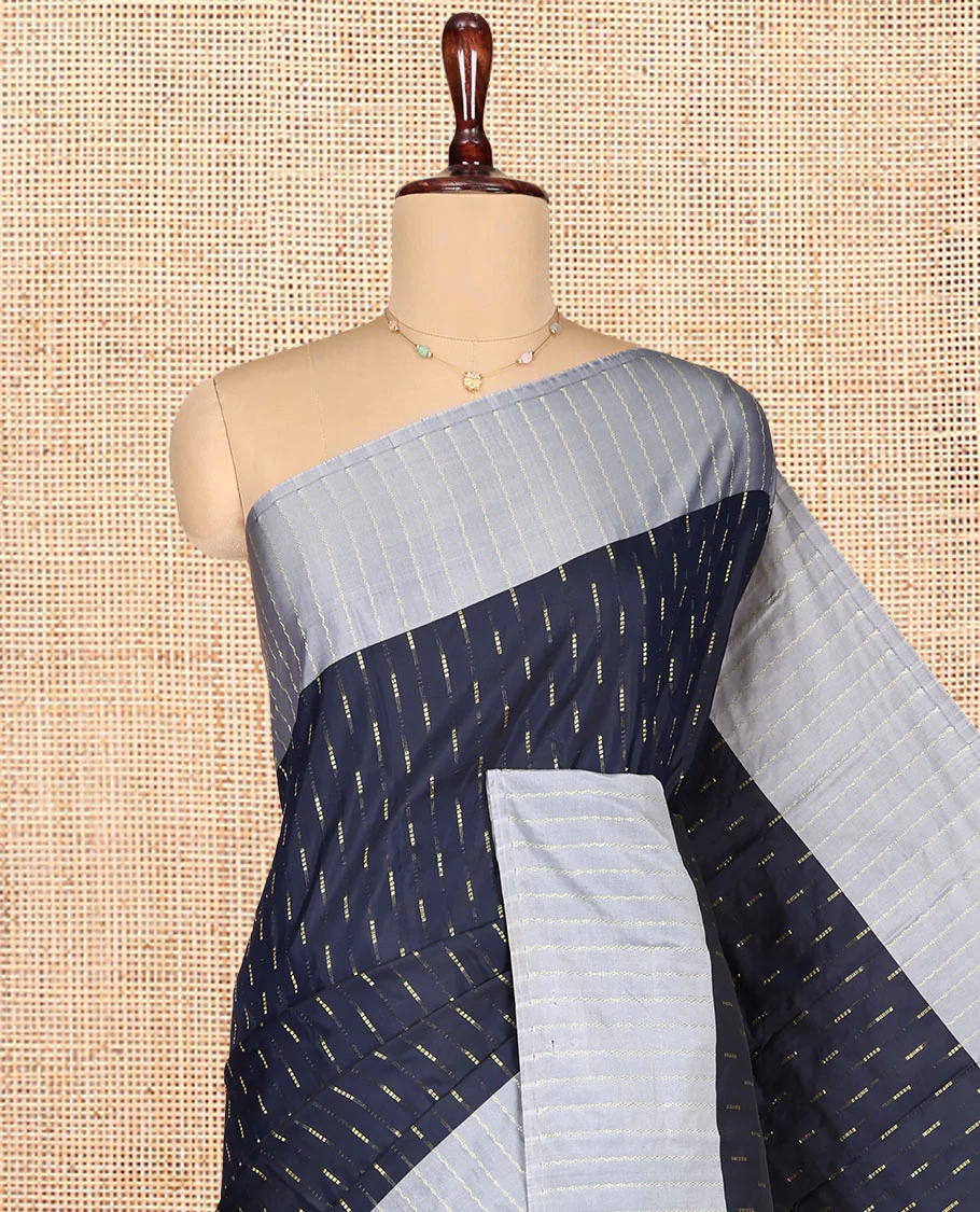 Blue Aarani Gift Saree, Woven with Zari Buttas on Its Body, Complemented by a Contrast Zig-Zag Striped Border, Subtle Striped Pallu, and Paired with a Matching Blouse - Image 2