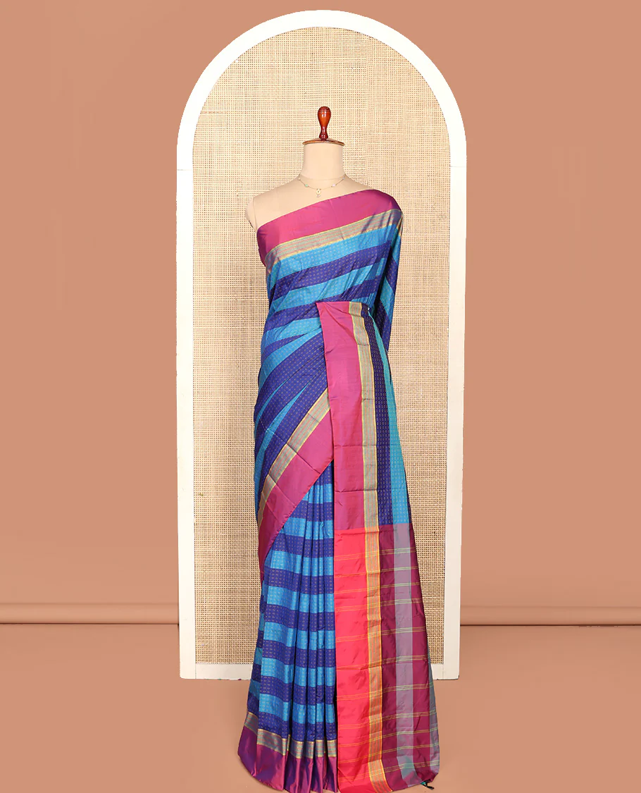 Blue Aarani Silk Saree, Accentuated with Buttas and Stripes, Complemented by a Contrast Border, Striped Pallu, and Paired with a Matching Blouse - Image 3
