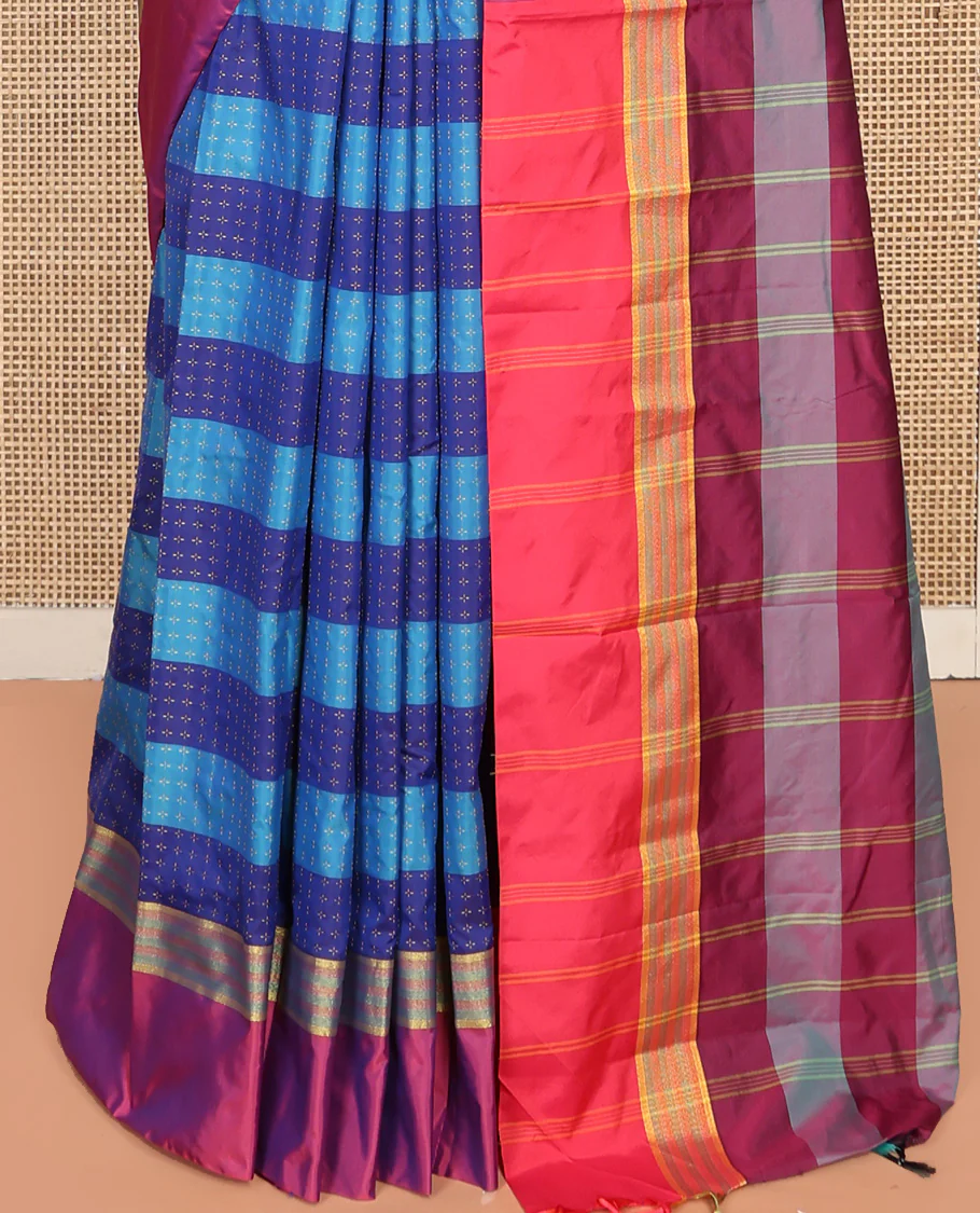 Blue Aarani Silk Saree, Accentuated with Buttas and Stripes, Complemented by a Contrast Border, Striped Pallu, and Paired with a Matching Blouse - Image 4