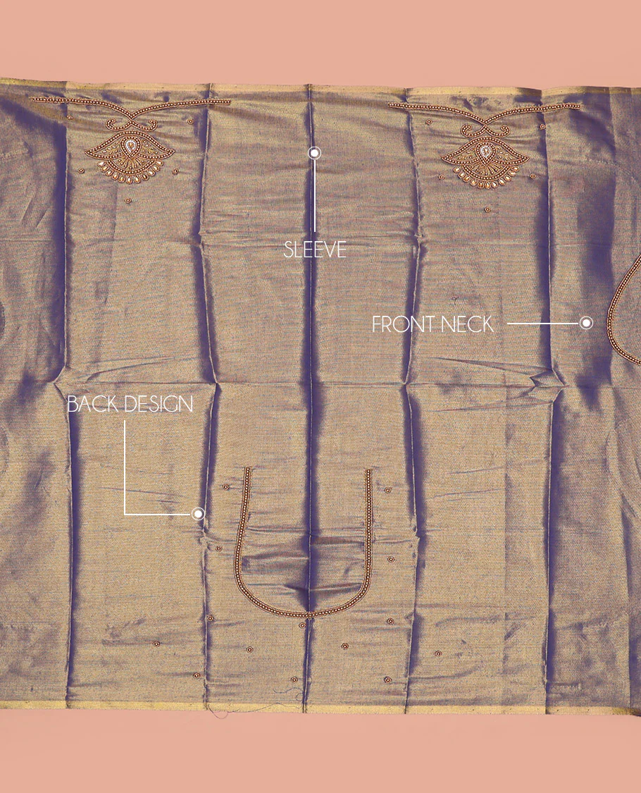 Blue Aari Blouse Material, Decorated with Unique Pattern Sugar Bead Embroidery on Its Sleeves, and Subtle Sugar Bead Work on Its Back and Front Neck - Image 2