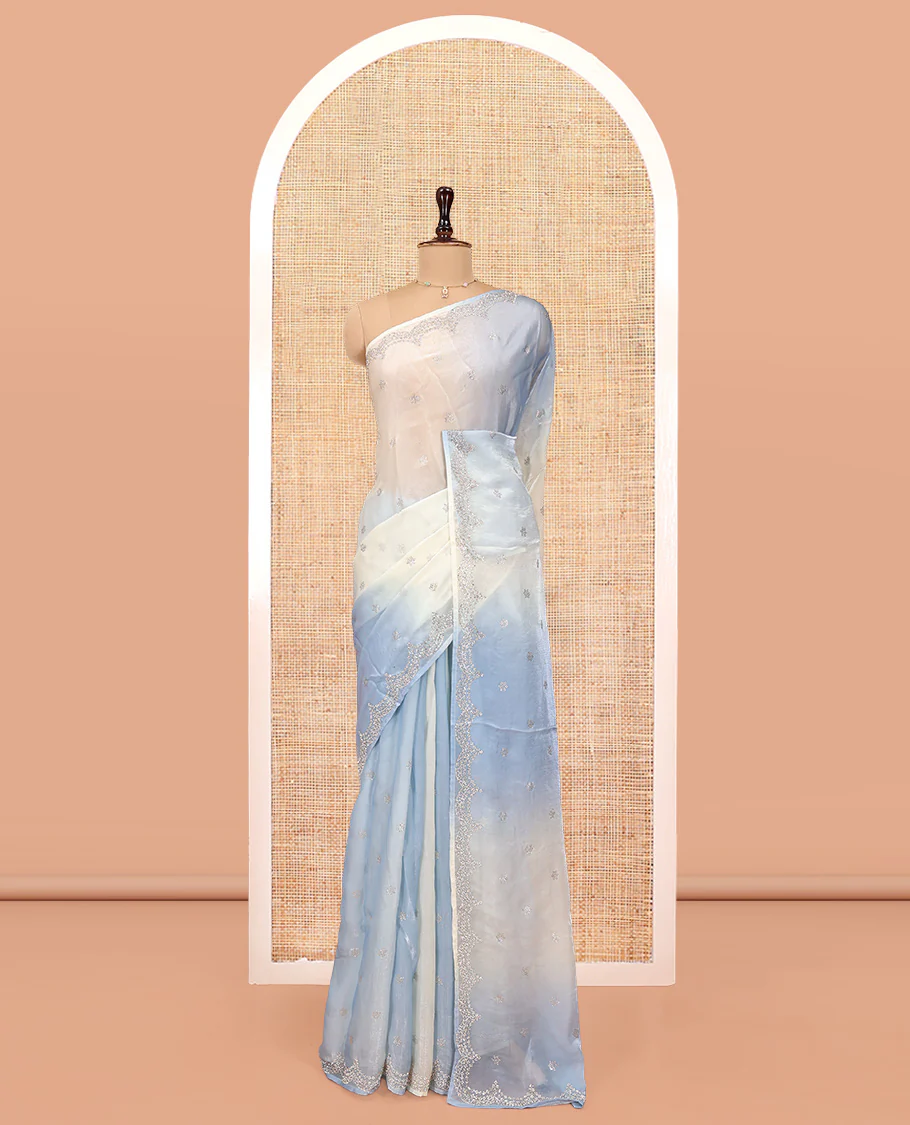 Blue and Cream Designer Saree, Richly Detailed with Stone Work On Its Body, Highlighted by Scallop Stone Work Border, and Paired with a Matching Blouse - Image 3