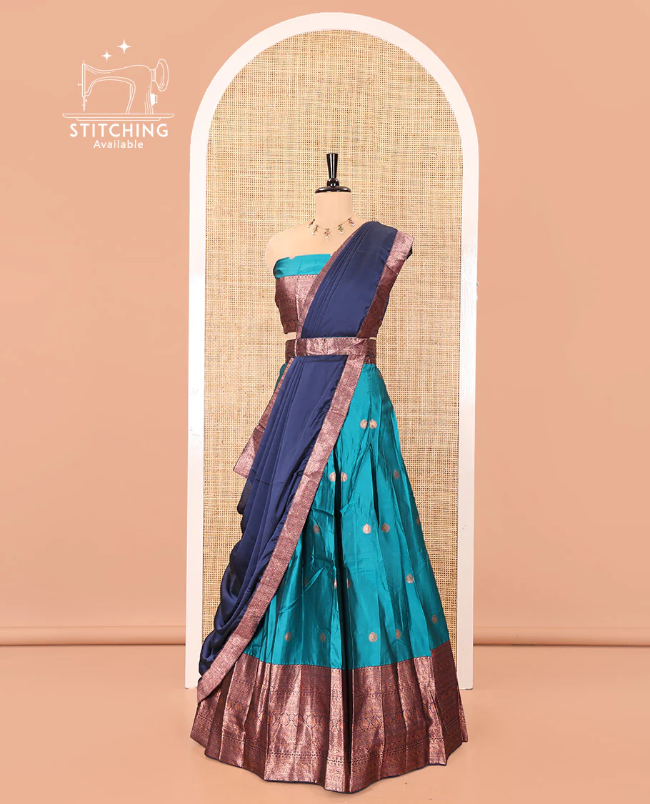 Blue and Navy Blue Semi-Banarasi Half-Saree, Adorned with Zari Buttas on Its Skirt, Complemented by a Contrast Traditional Zari-Design Border, Paired with a Matching Blouse, and a Contrast Satin Georgette Zari-Bordered Dhavani - Image 3