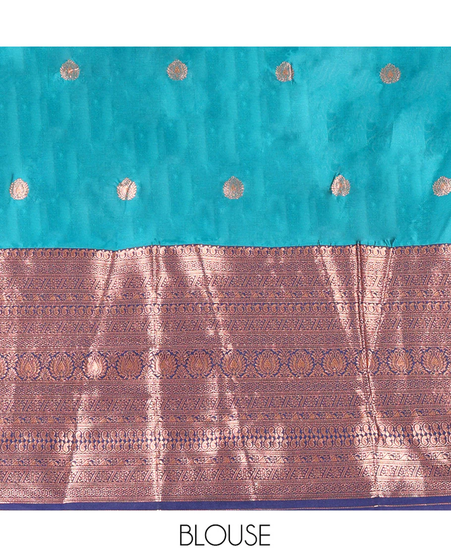 Blue and Navy Blue Semi-Banarasi Half-Saree, Adorned with Zari Buttas on Its Skirt, Complemented by a Contrast Traditional Zari-Design Border, Paired with a Matching Blouse, and a Contrast Satin Georgette Zari-Bordered Dhavani - Image 4