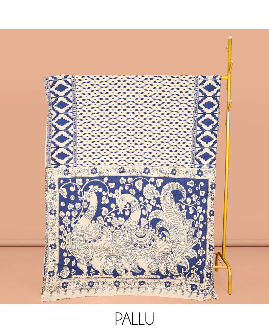 Blue and Off-White Machine-Printed Kalamkari Cotton Saree, Steeped with Buttas on Its Body, Subtle Ikkat Geometric Printed Border, Pallu of Peacock Print, and Paired with a Printed Blouse - Image 2