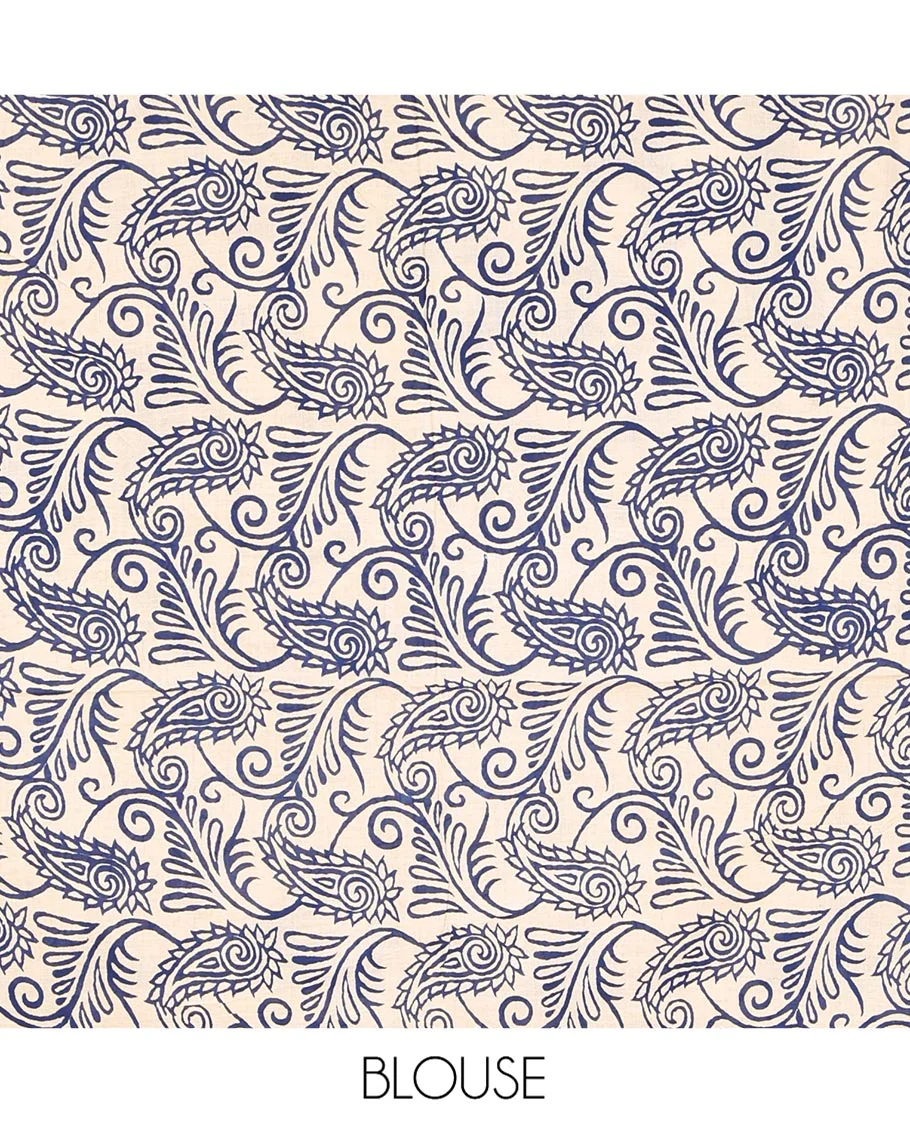 Blue and Off-White Machine-Printed Kalamkari Cotton Saree, Steeped with Buttas on Its Body, Subtle Ikkat Geometric Printed Border, Pallu of Peacock Print, and Paired with a Printed Blouse - Image 3