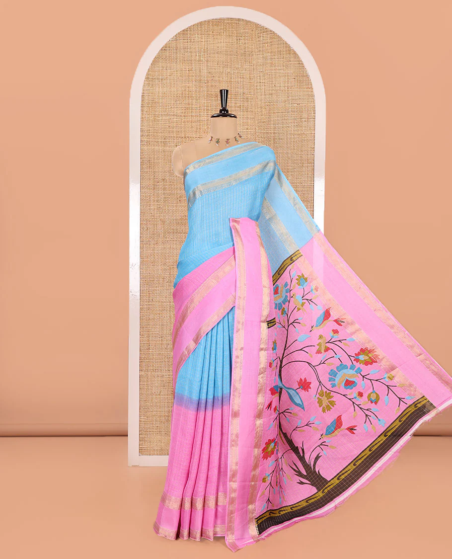 Blue and Pink Moss Chiffon Saree, Detailed with Zari Micro-Checked Design on Its Body, Complemented by Zari Traditional Design Rettai Pettu Border, Pallu Features Tree and Bird Designs, and Paired with a Contrast Blouse