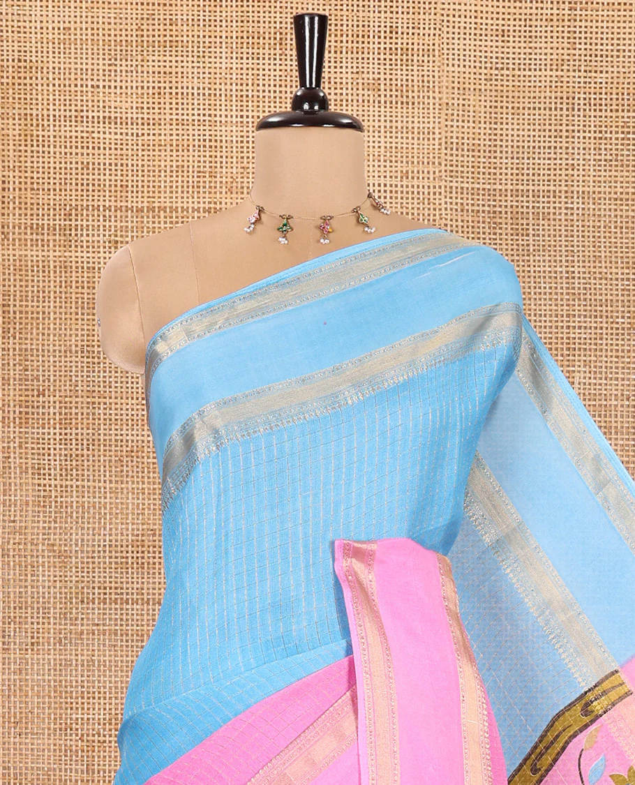 Blue and Pink Moss Chiffon Saree, Detailed with Zari Micro-Checked Design on Its Body, Complemented by Zari Traditional Design Rettai Pettu Border, Pallu Features Tree and Bird Designs, and Paired with a Contrast Blouse - Image 2