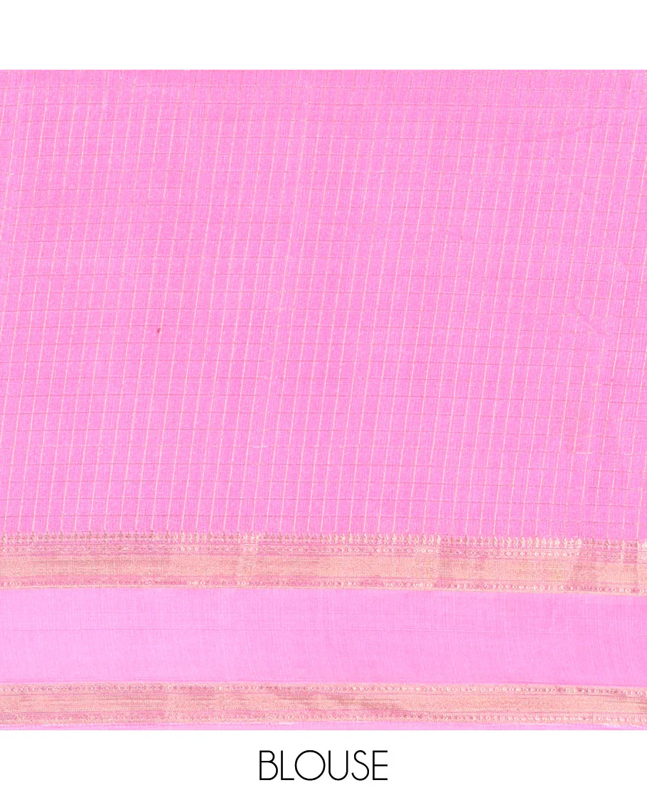 Blue and Pink Moss Chiffon Saree, Detailed with Zari Micro-Checked Design on Its Body, Complemented by Zari Traditional Design Rettai Pettu Border, Pallu Features Tree and Bird Designs, and Paired with a Contrast Blouse - Image 3