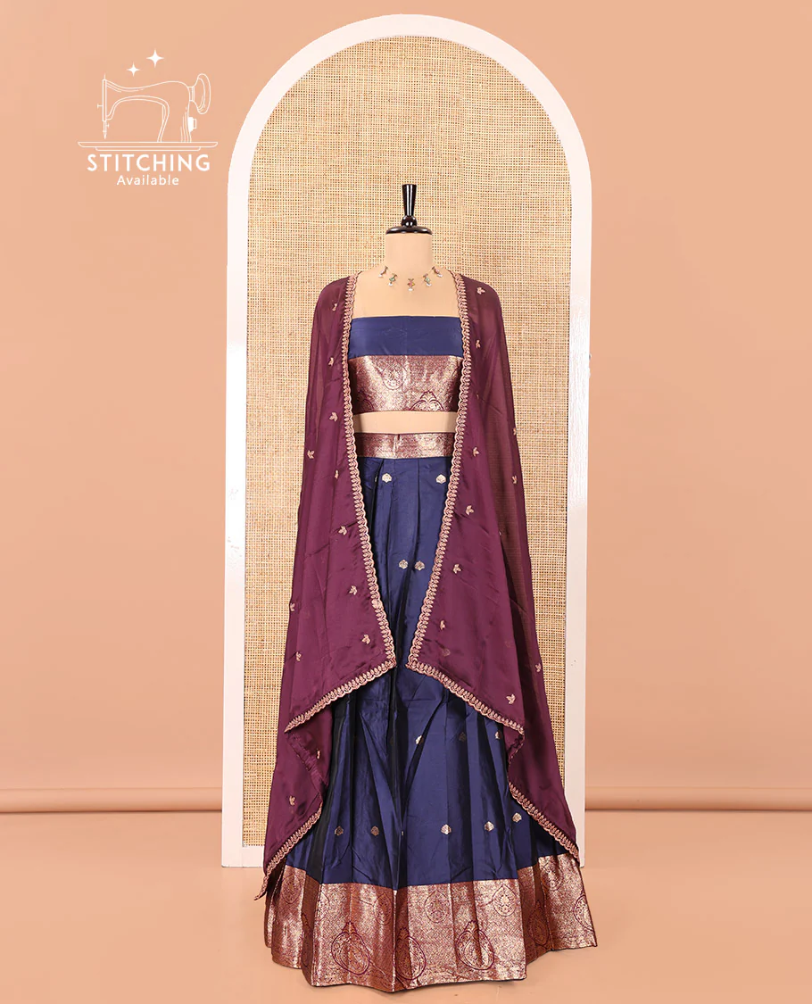 Blue and Purple Semi-Banarasi Half-Saree, Elevated with Zari Buttas on Its Skirt, Complemented by a Contrast Intricately Zari-Designed Border, Paired with a Matching Blouse, and a Contrast Satin Georgette Embroidered Scallop Dhavani - Image 2