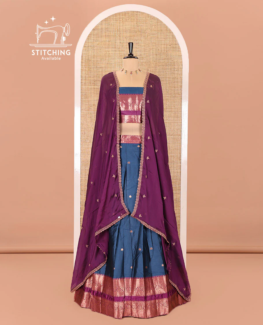 Blue and Purple Semi-Banarasi Half-Saree Featuring Zari Buttas Skirt, Complemented by Contrast Rettai Pettu, Traditional Border of Floral Creeper Designs, Paired with a Matching Blouse, and a Satin Georgette Embroidered Scallop Dhavani - Image 2