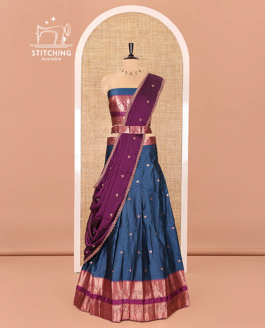 Blue and Purple Semi-Banarasi Half-Saree Featuring Zari Buttas Skirt, Complemented by Contrast Rettai Pettu, Traditional Border of Floral Creeper Designs, Paired with a Matching Blouse, and a Satin Georgette Embroidered Scallop Dhavani - Image 3