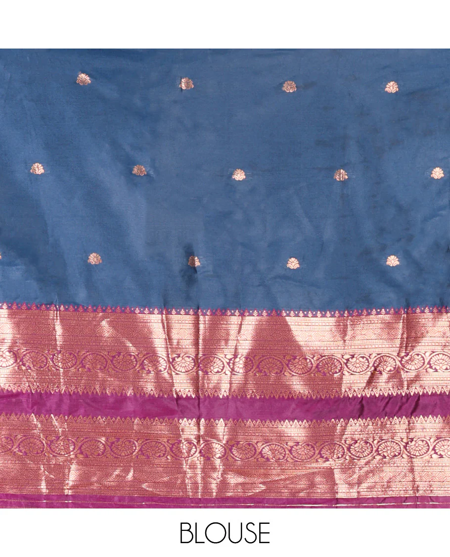 Blue and Purple Semi-Banarasi Half-Saree Featuring Zari Buttas Skirt, Complemented by Contrast Rettai Pettu, Traditional Border of Floral Creeper Designs, Paired with a Matching Blouse, and a Satin Georgette Embroidered Scallop Dhavani - Image 4