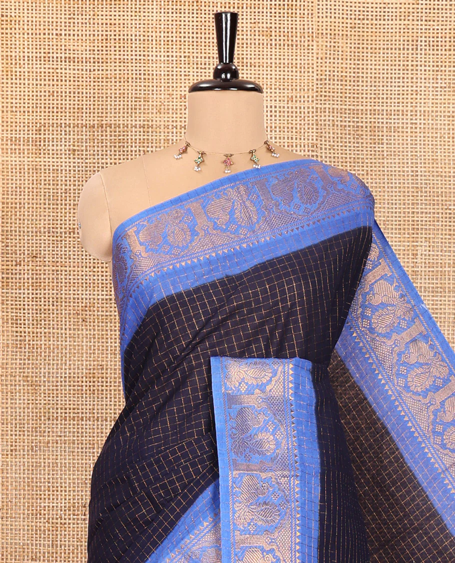 Blue and Royal Blue Sungudi Cotton Saree, Subtly Sparkled with Checks on Its Body, Complemented by a Contrast Temple Border of Peacock Motifs, Pallu Steeped with Stripes, and Paired with a Contrast Blouse - Image 2