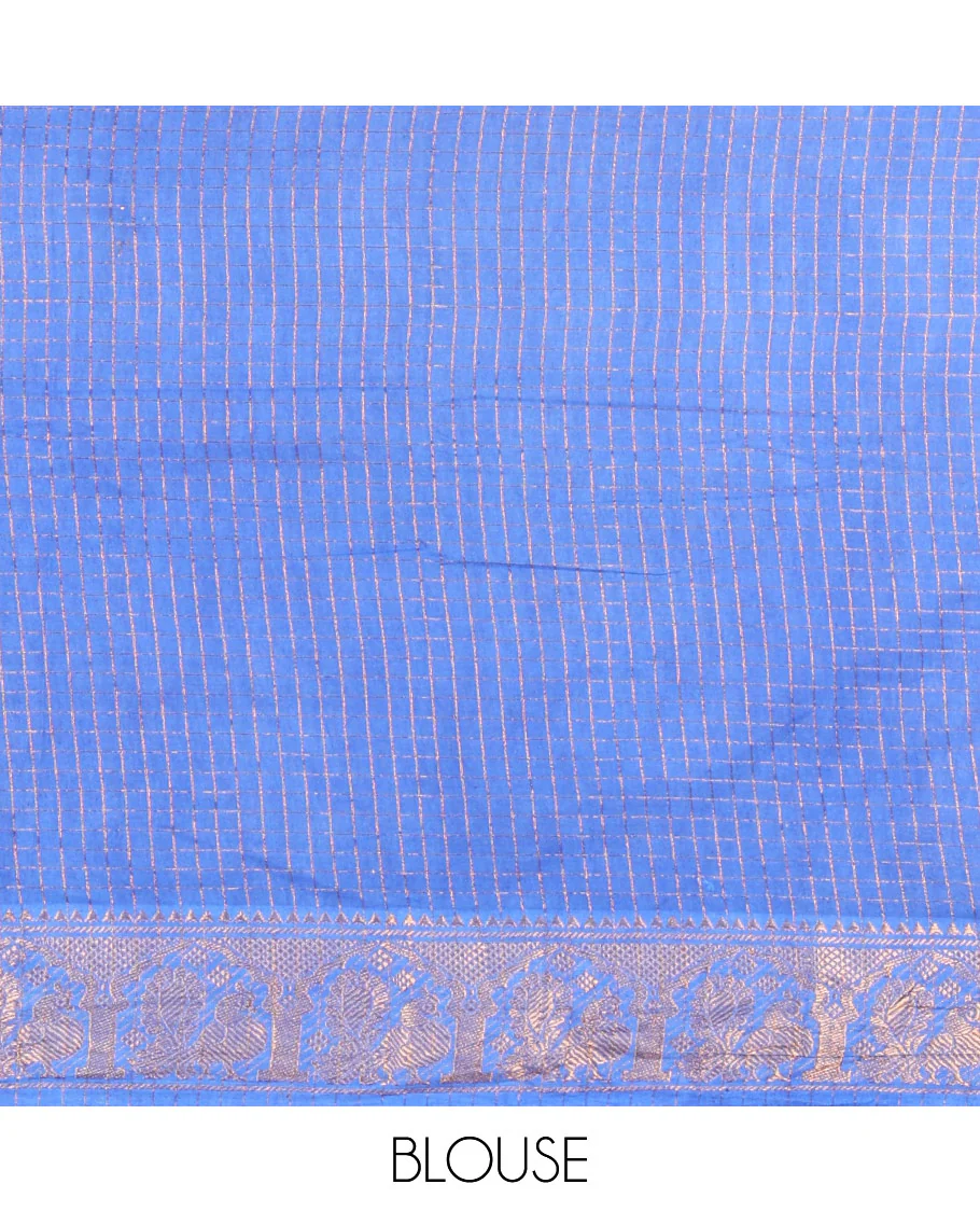 Blue and Royal Blue Sungudi Cotton Saree, Subtly Sparkled with Checks on Its Body, Complemented by a Contrast Temple Border of Peacock Motifs, Pallu Steeped with Stripes, and Paired with a Contrast Blouse - Image 3
