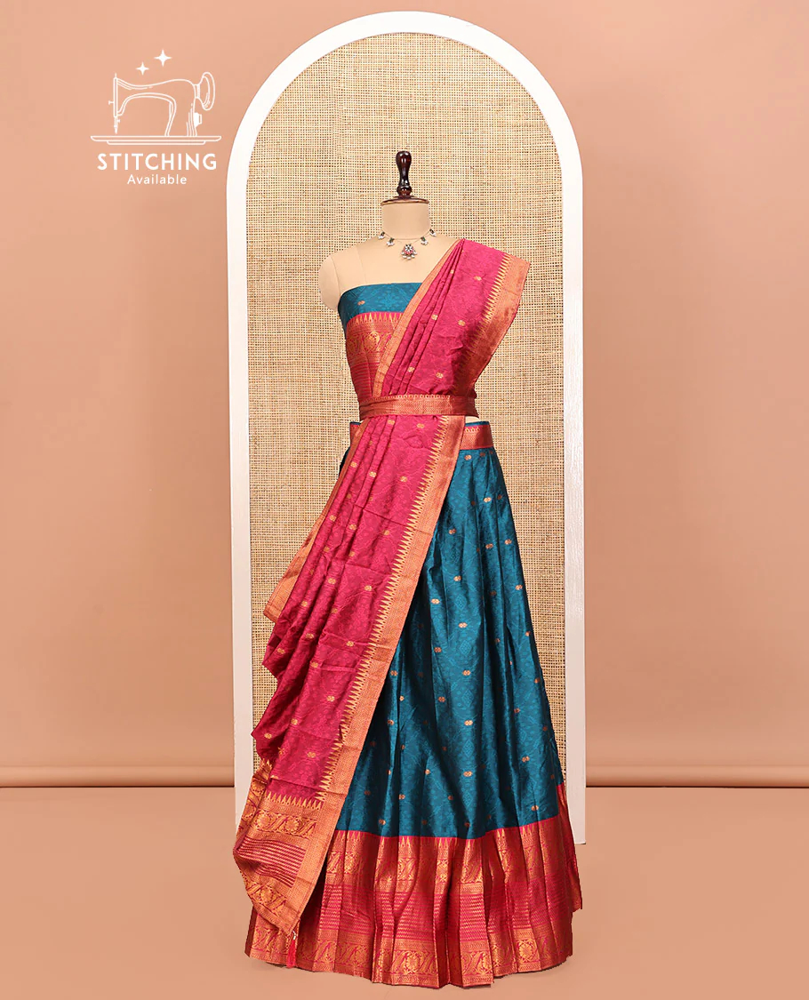 Blue Art Silk Half Saree, Delicately Woven with Embossed and Buttas Skirt, Contrast Traditional Border, Matching Blouse, and a Contrast Dhavani