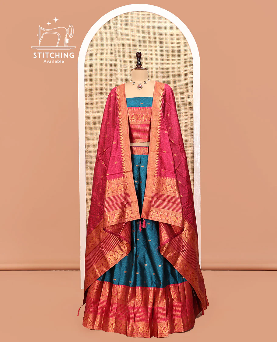 Blue Art Silk Half Saree, Delicately Woven with Embossed and Buttas Skirt, Contrast Traditional Border, Matching Blouse, and a Contrast Dhavani - Image 2