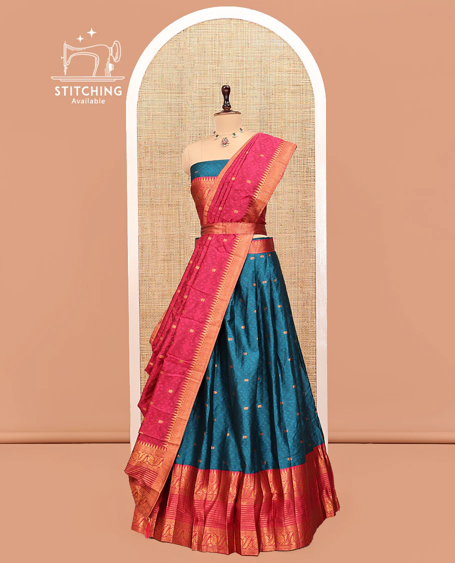 Blue Art Silk Half Saree, Delicately Woven with Embossed and Buttas Skirt, Contrast Traditional Border, Matching Blouse, and a Contrast Dhavani - Image 3