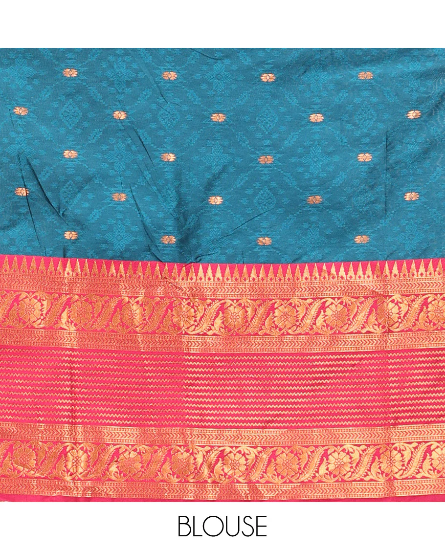 Blue Art Silk Half Saree, Delicately Woven with Embossed and Buttas Skirt, Contrast Traditional Border, Matching Blouse, and a Contrast Dhavani - Image 4