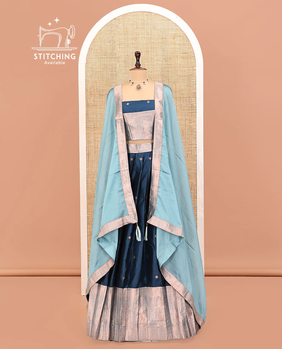 Blue Art Silk Half Saree Features Buttas Steeped Skirt, Complemented by Contrast Traditional Border, Contrast Blouse, and a Embroidery Scallop Dhavani - Image 2